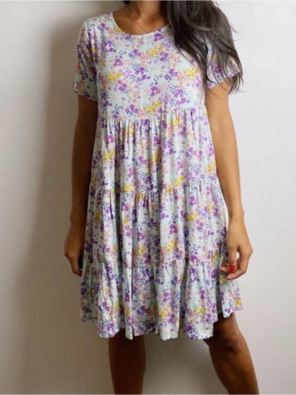 Ces Femme Mint Floral Midi Dress with Purple and Yellow Blossoms